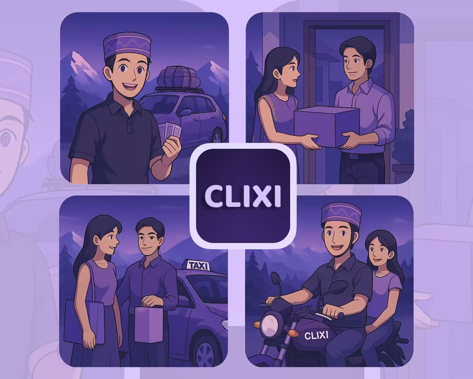 CLIXI mountain mobility illustration showing local taxi and bike services